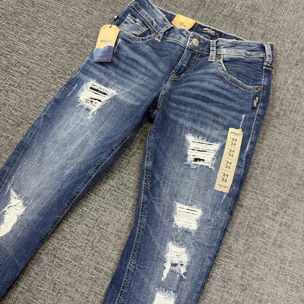 Silver Sam Boyfriend Jeans Women's W24 L26 Indigo Distressed Stretch NWT